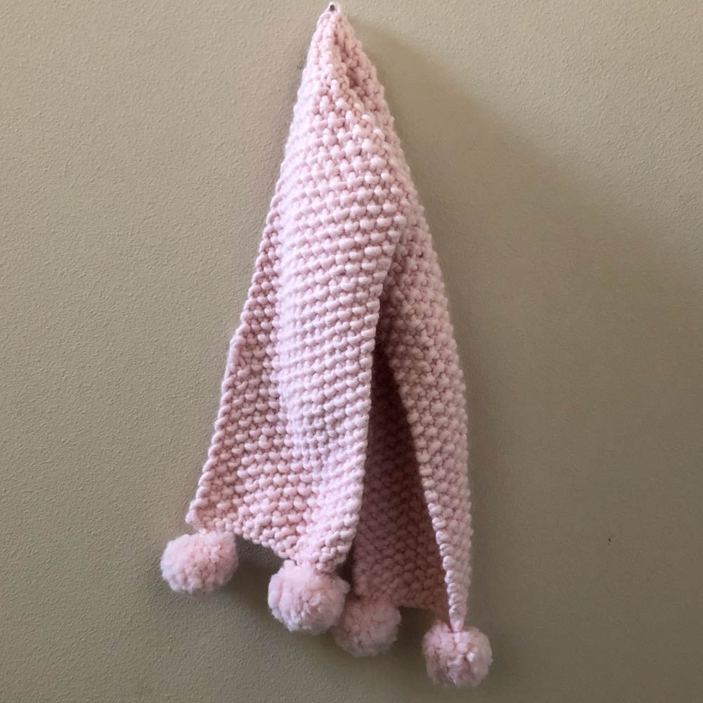 NEW! Beautiful~ Handmade Light Pink Knitted Scarf with Pom Pom Corners